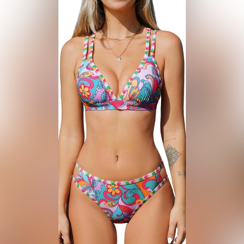 NWT CUPSHE Bikini Strappy Mid Rise V Neck Cutout candy floral size S